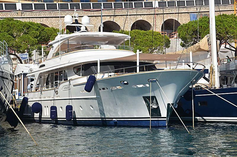 a boat docked at a pier aboard VANADIS Yacht for Sale