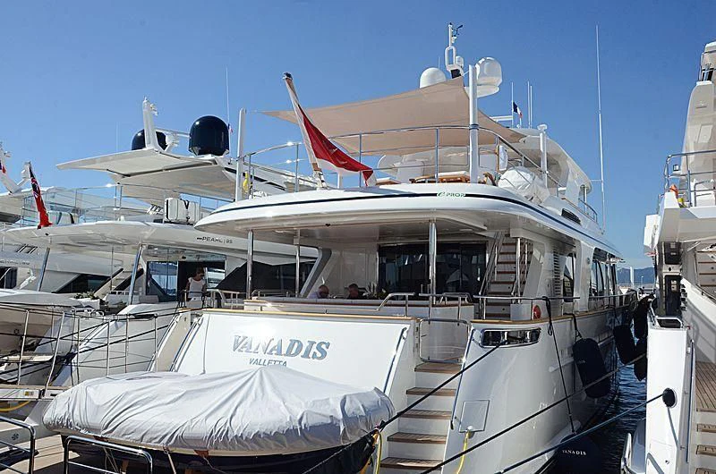 a boat docked at a pier aboard VANADIS Yacht for Sale