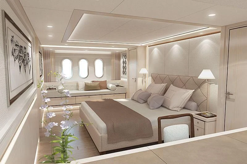a large bedroom with a bed and a large mirror aboard VANADIS Yacht for Sale