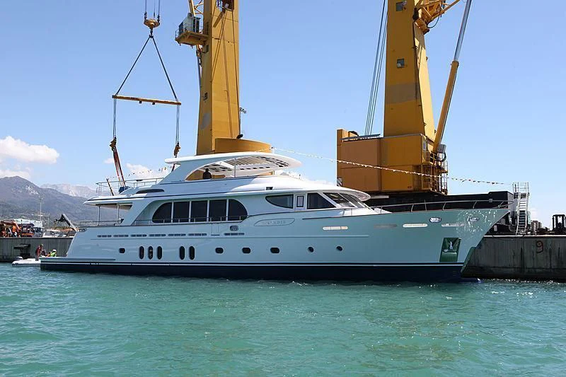 a large white boat in the water aboard VANADIS Yacht for Sale