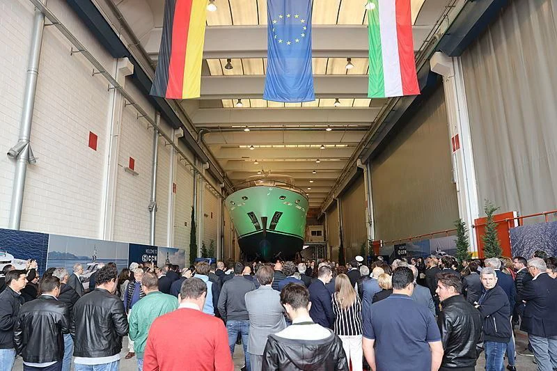 a crowd of people in a building aboard VANADIS Yacht for Sale