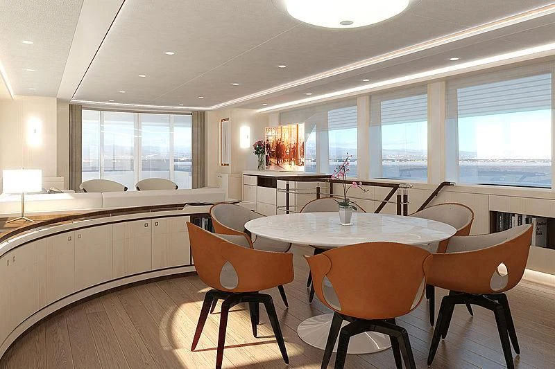 a room with tables and chairs aboard VANADIS Yacht for Sale