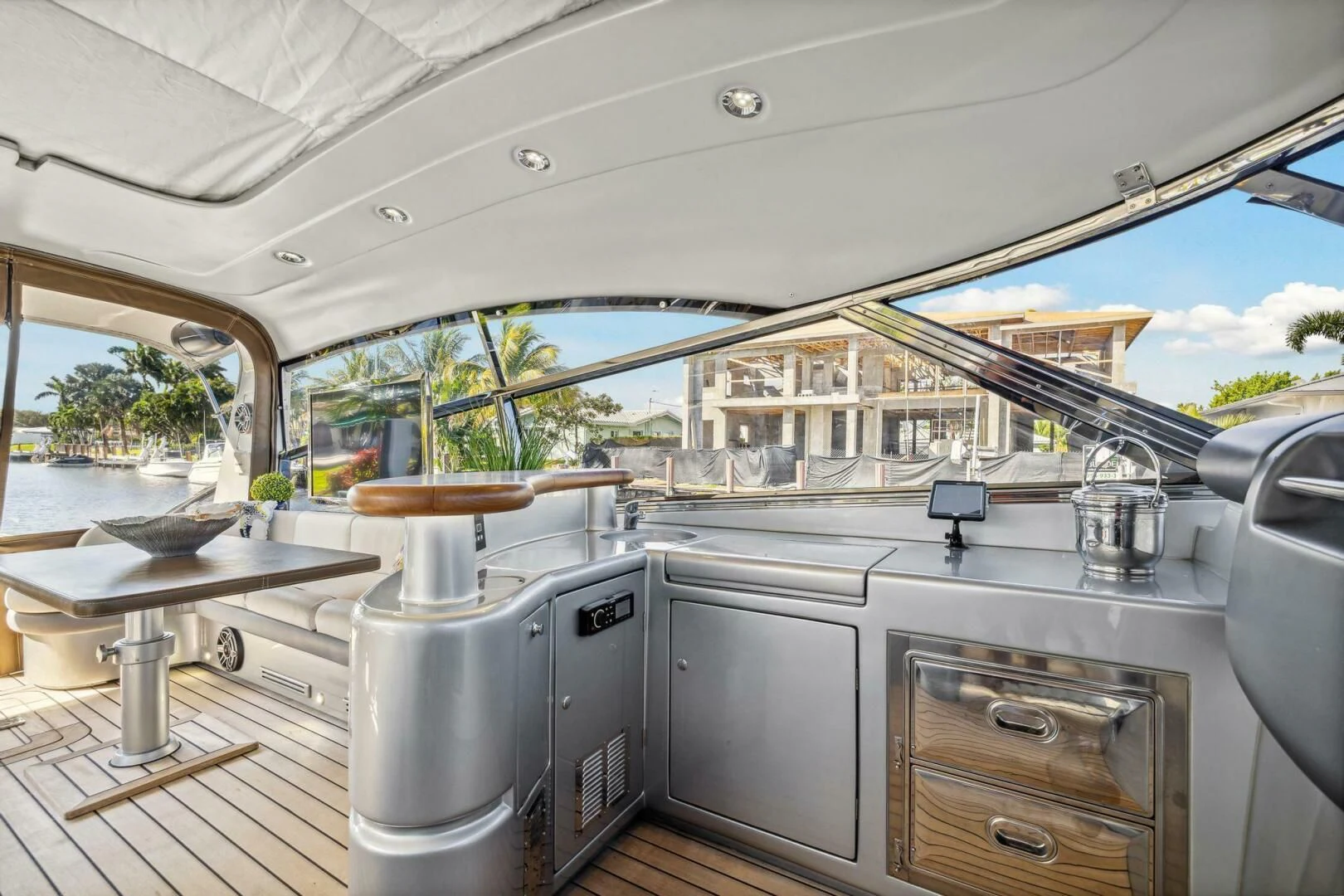 a large kitchen with a large window aboard ALCHEMY Yacht for Sale