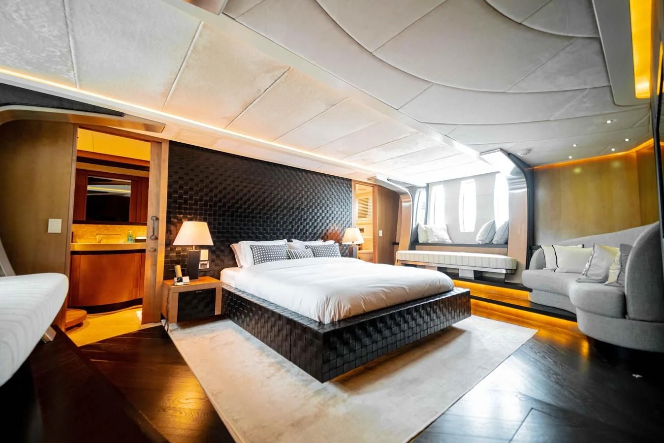 a large bedroom with a large bed aboard SORAYA Yacht for Sale