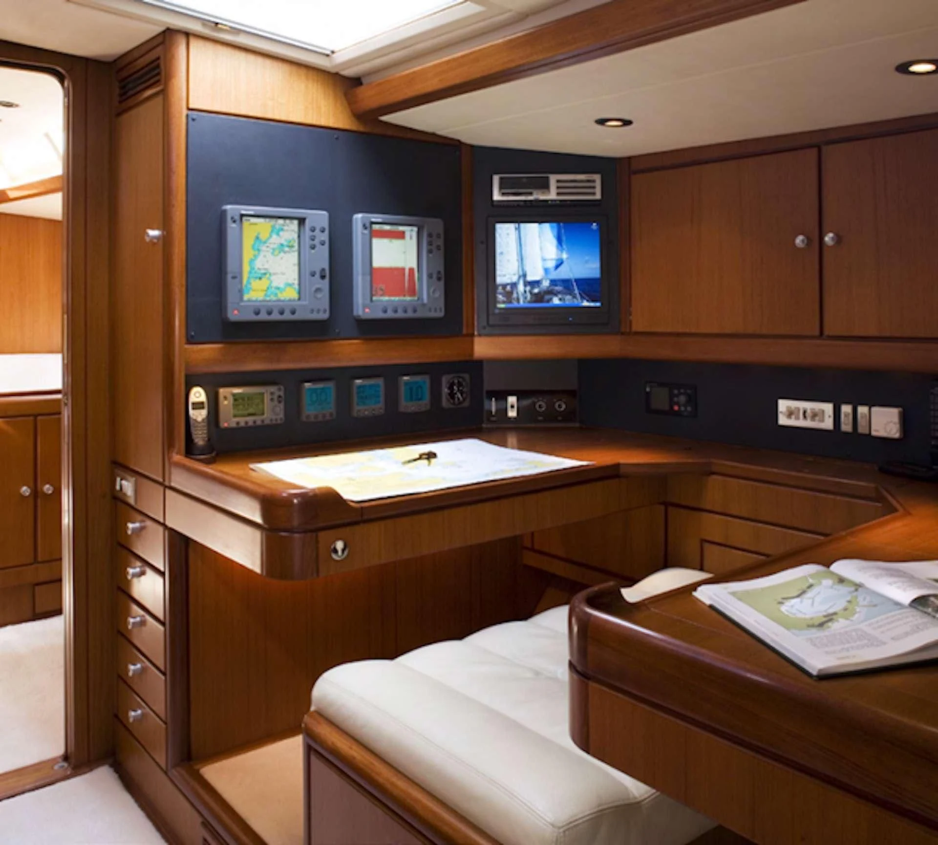 a room with a desk and a tv aboard ABEON Yacht for Charter