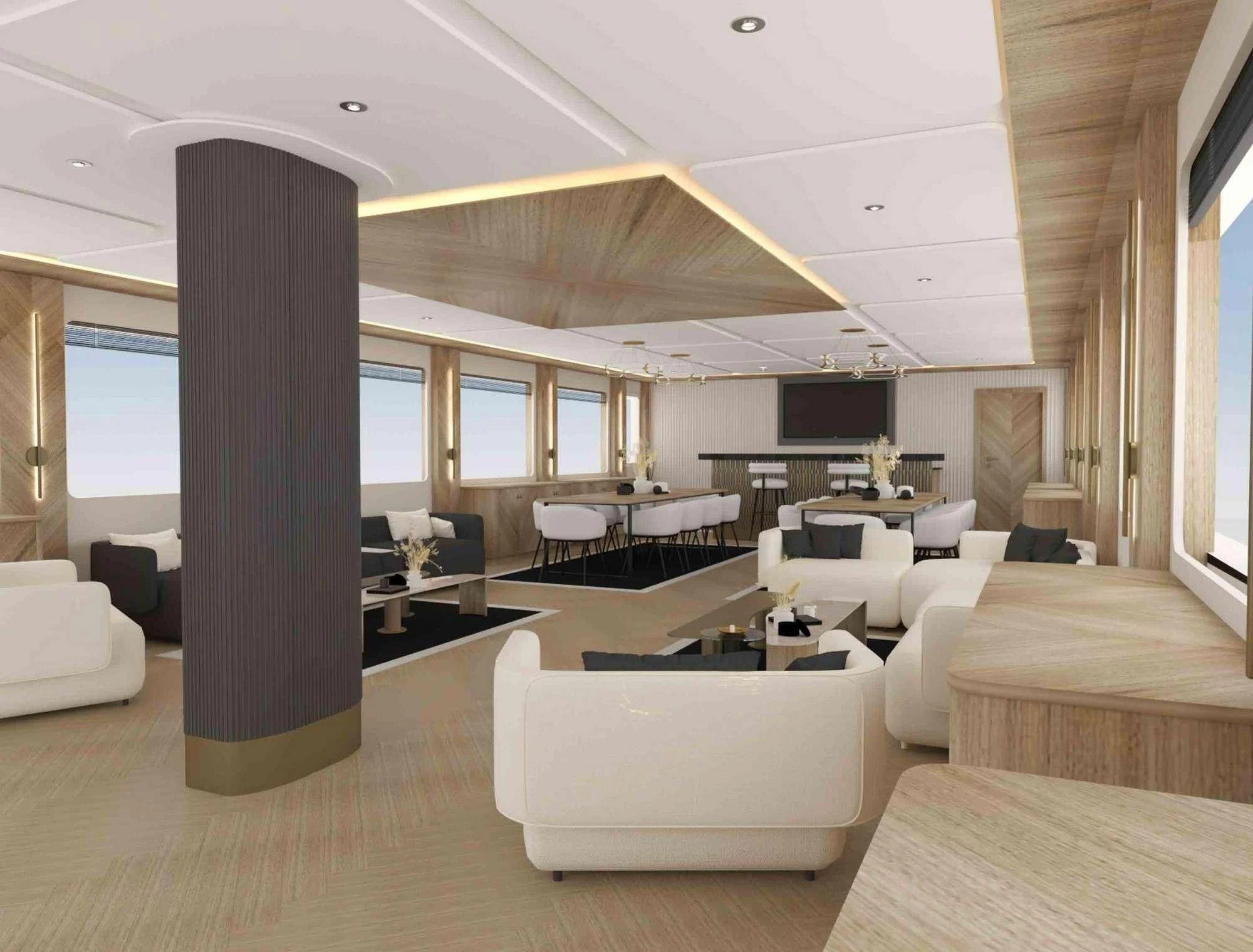 a large living room with a large window aboard KING OF THE SEA Yacht for Charter