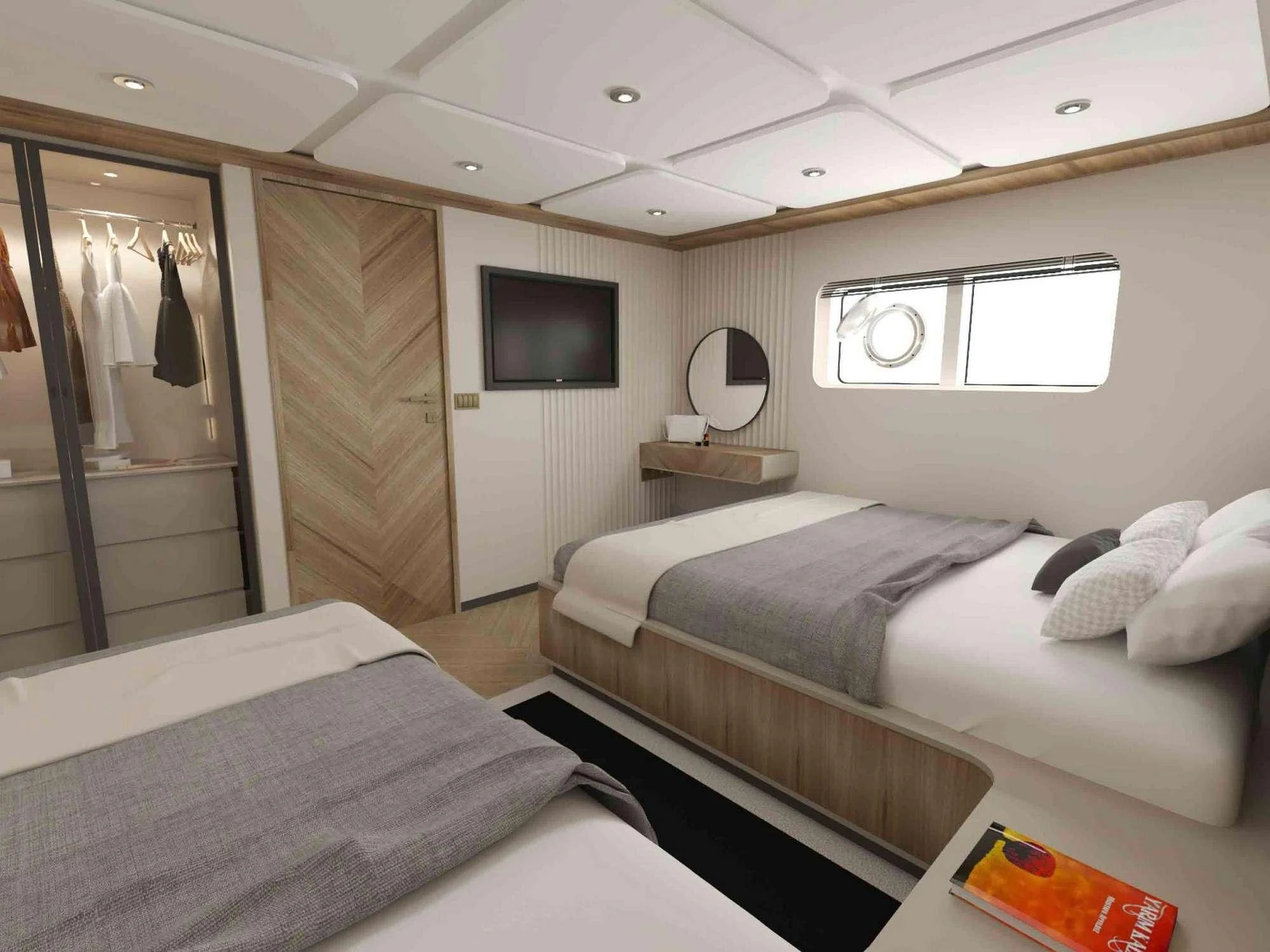 a room with two beds aboard KING OF THE SEA Yacht for Charter