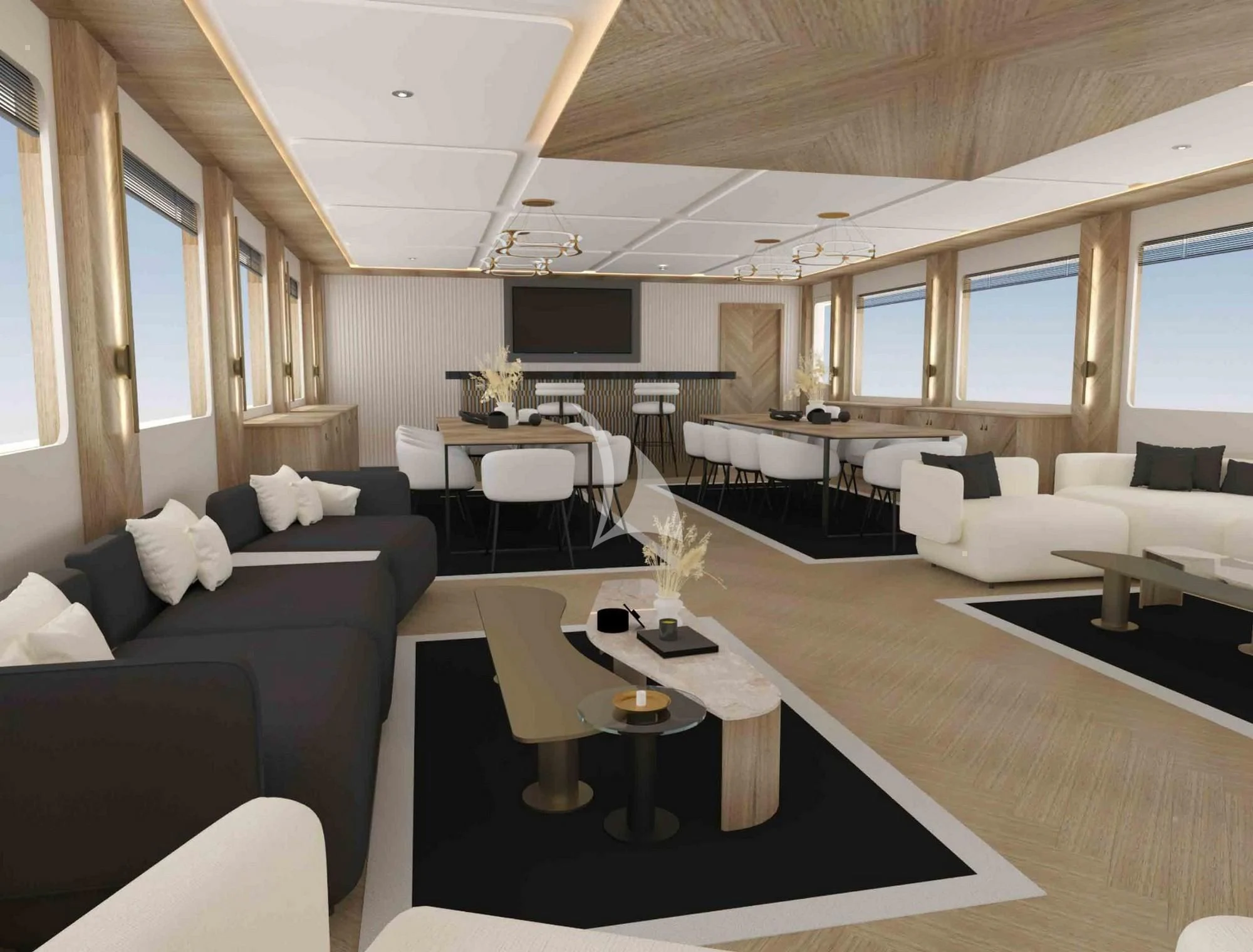 a living room with a couch and a table aboard KING OF THE SEA Yacht for Charter