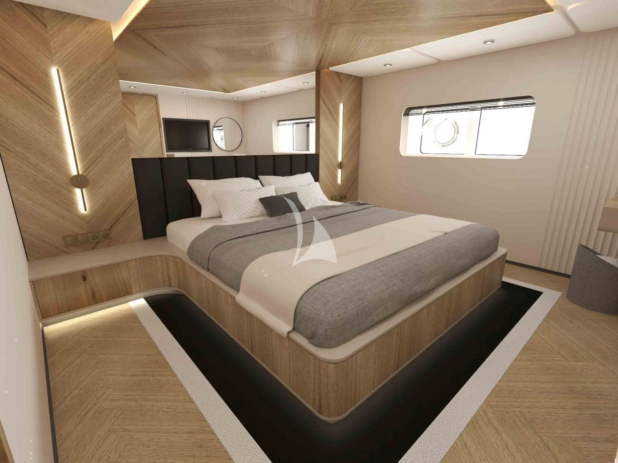 a bedroom with a bed aboard KING OF THE SEA Yacht for Charter