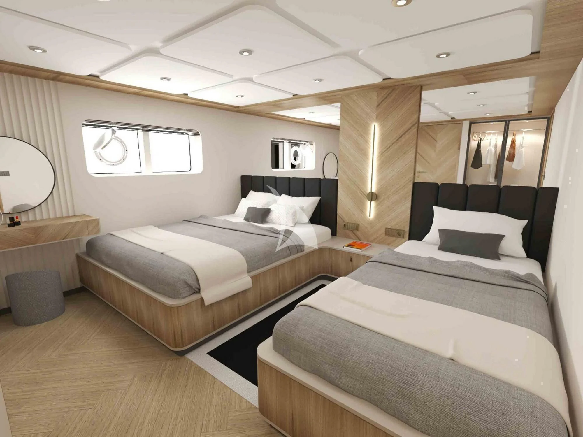 a room with a couple of beds aboard KING OF THE SEA Yacht for Charter