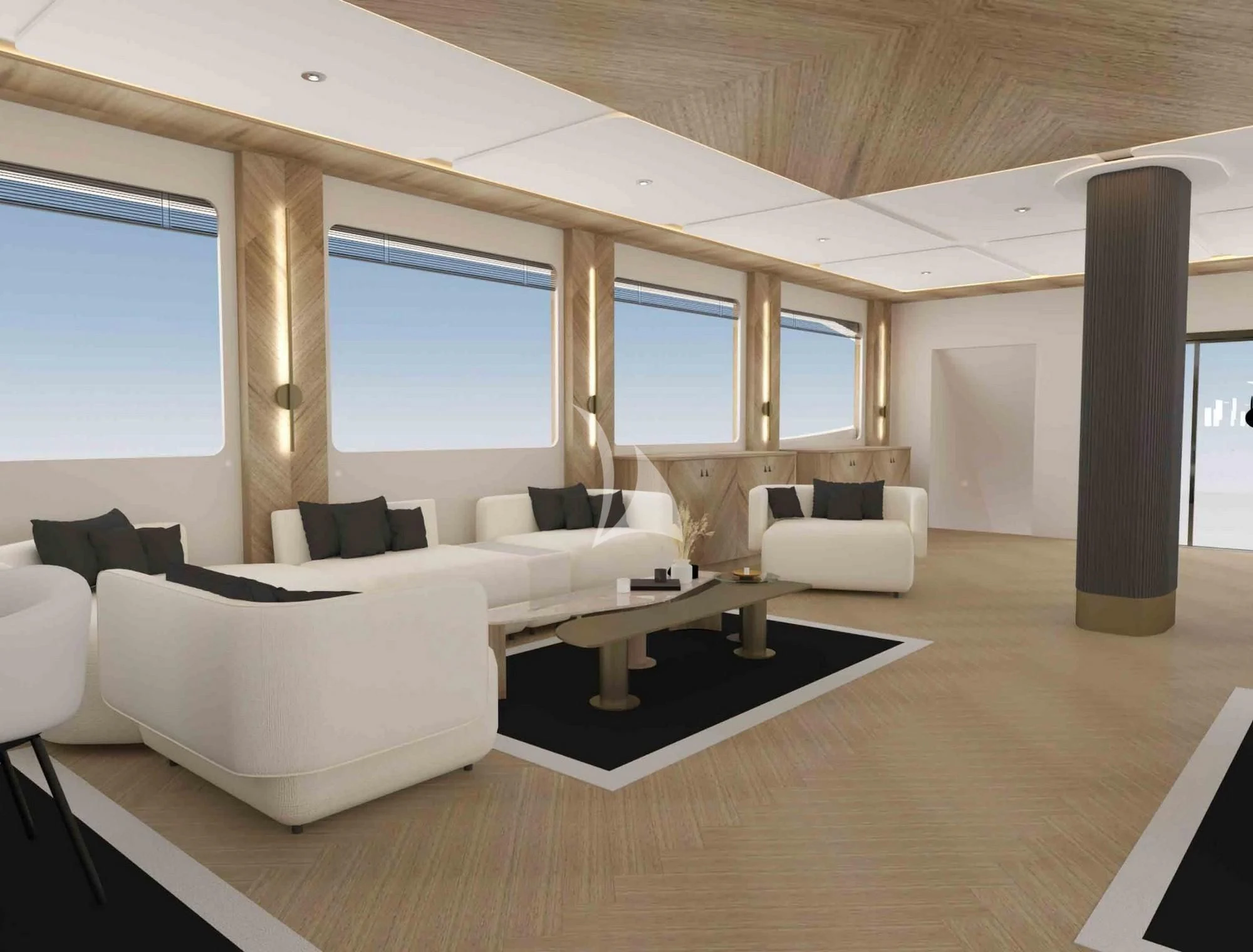 a large living room with white couches aboard KING OF THE SEA Yacht for Charter