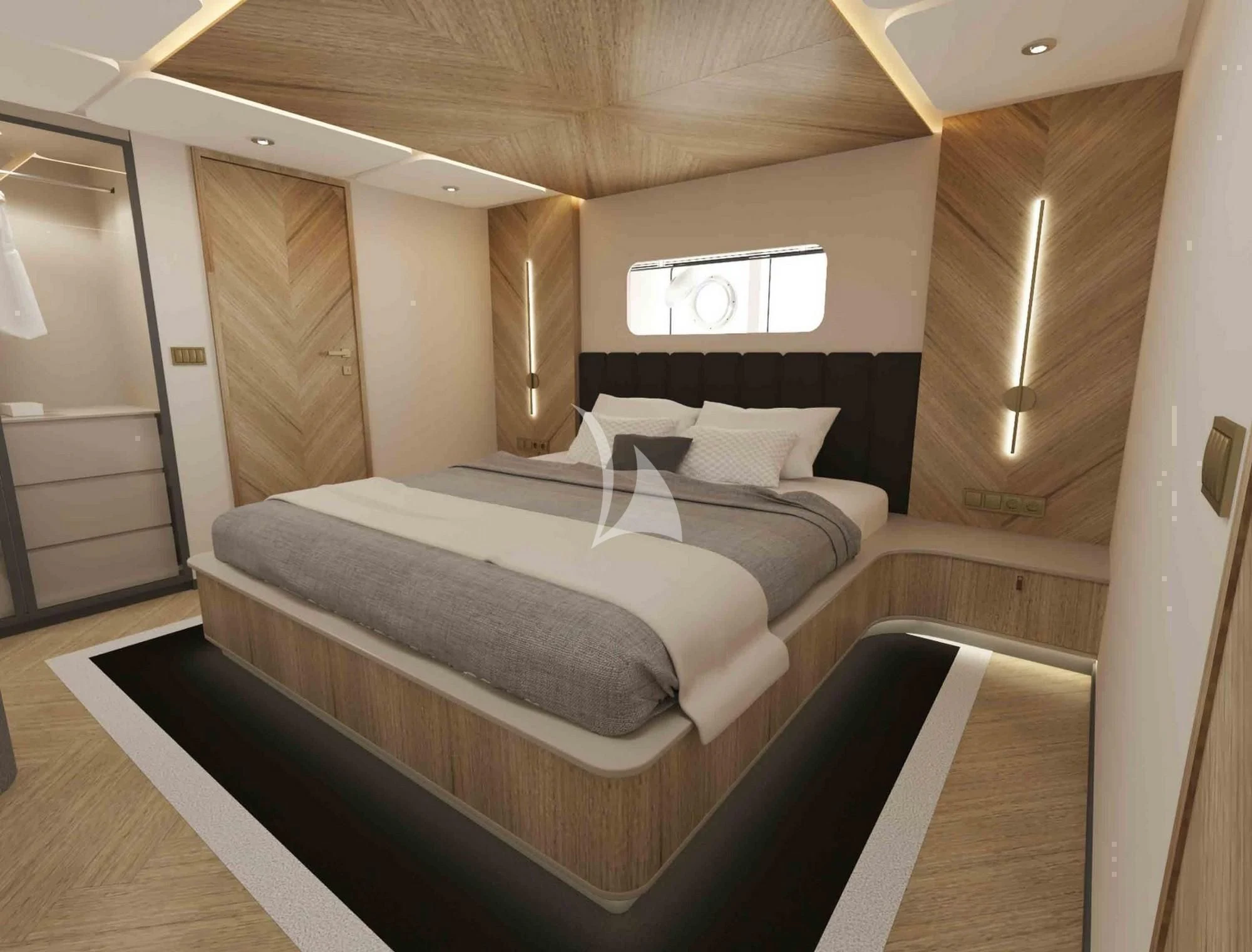 a bed in a room aboard KING OF THE SEA Yacht for Charter