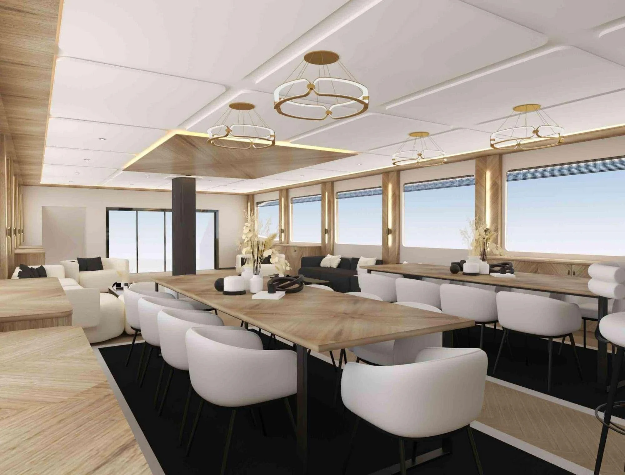 a room with tables and chairs aboard KING OF THE SEA Yacht for Charter