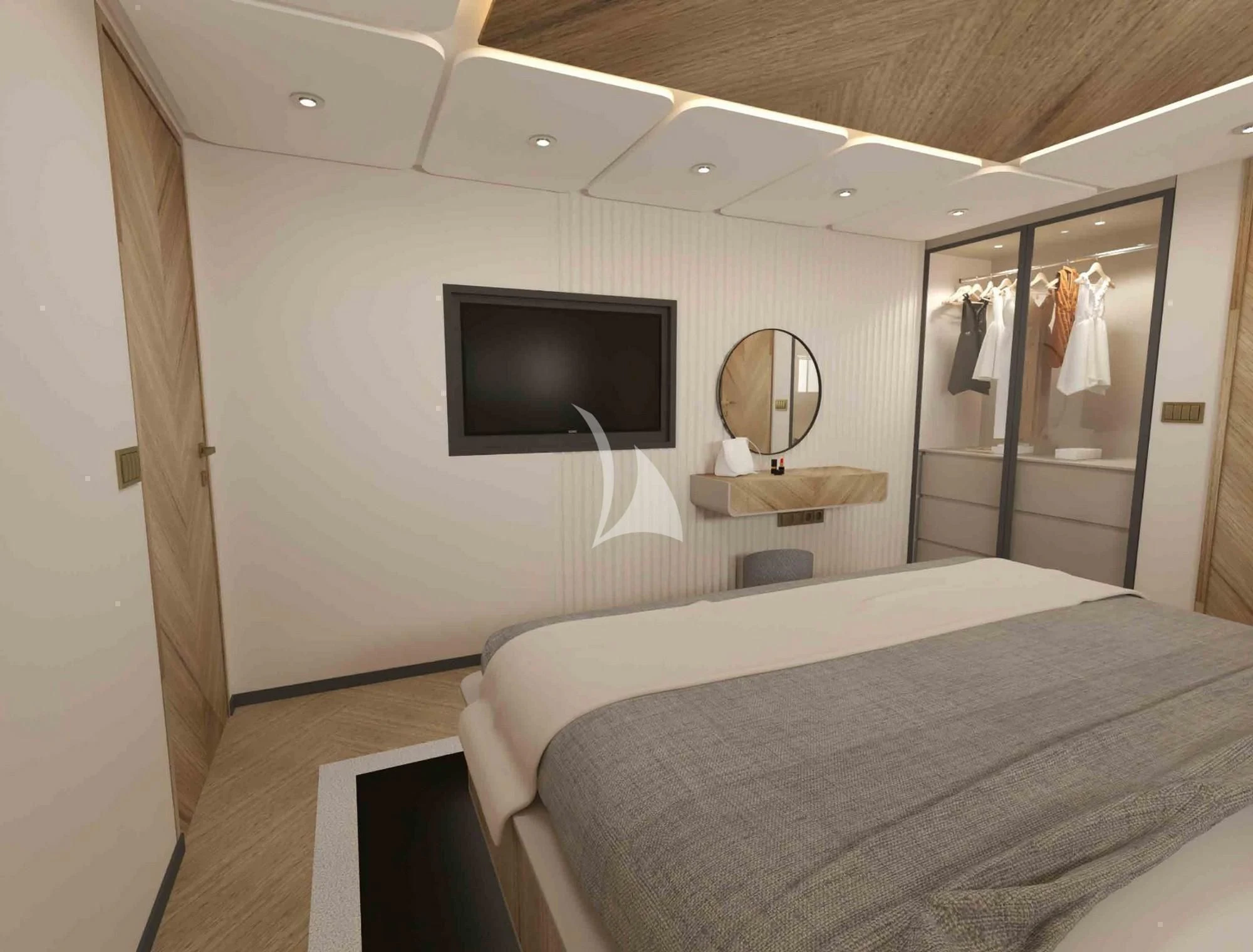 a hotel room with a bed and tv aboard KING OF THE SEA Yacht for Charter