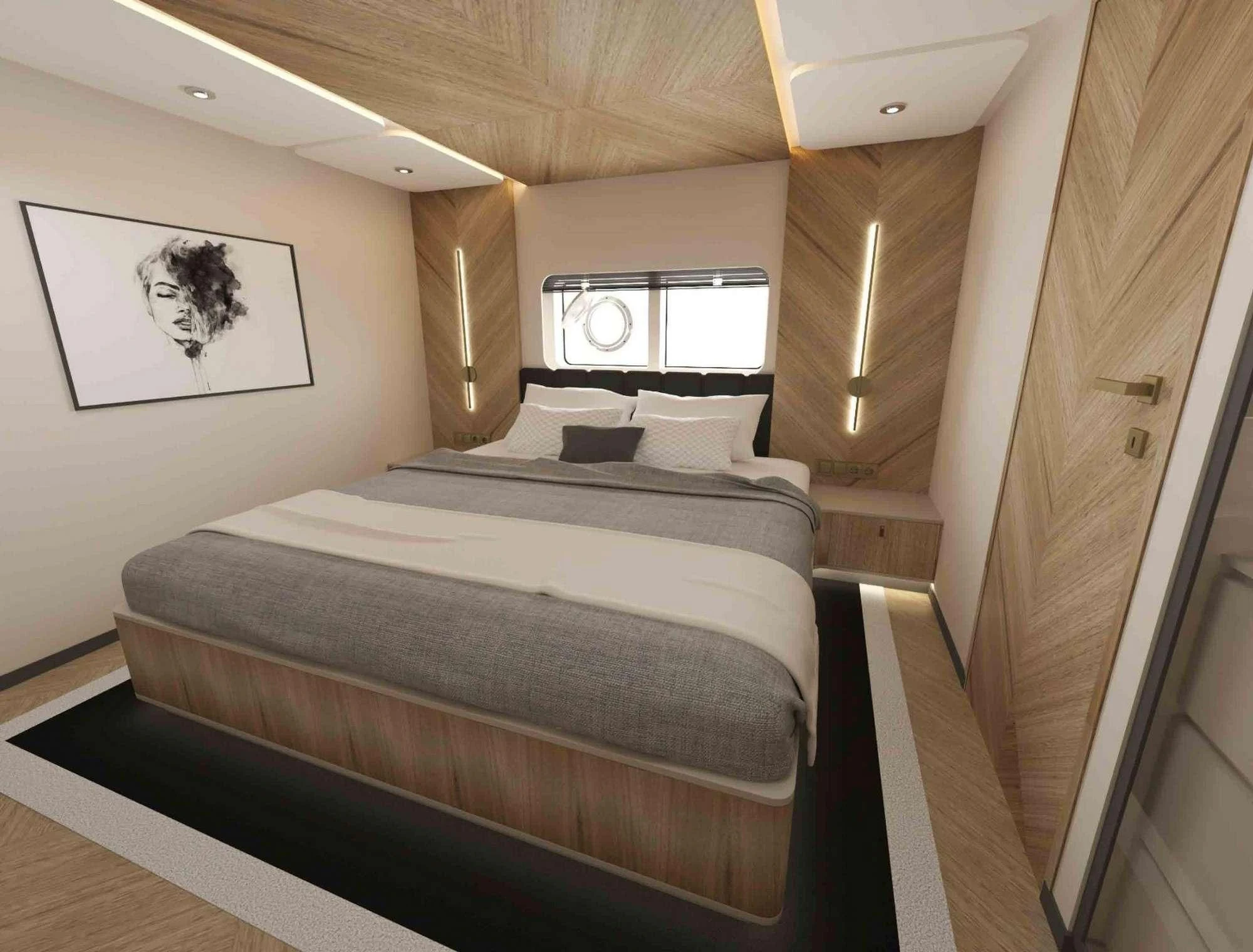 a bed in a room aboard KING OF THE SEA Yacht for Charter