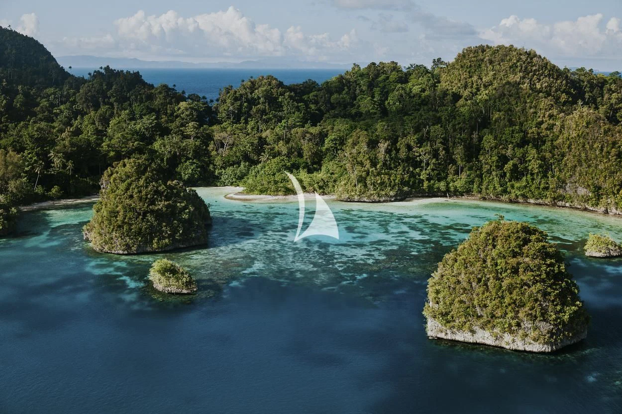 a body of water with a waterfall and trees around it aboard THE MAJ OCEANIC Yacht for Charter