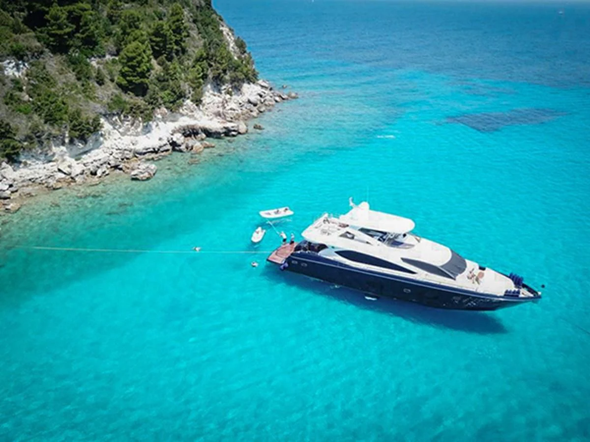 a helicopter flying over a body of water aboard KYRENIA Yacht for Sale