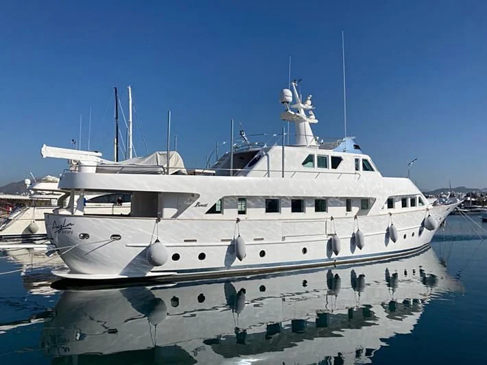 a white boat in the water aboard VIKA Yacht for Sale