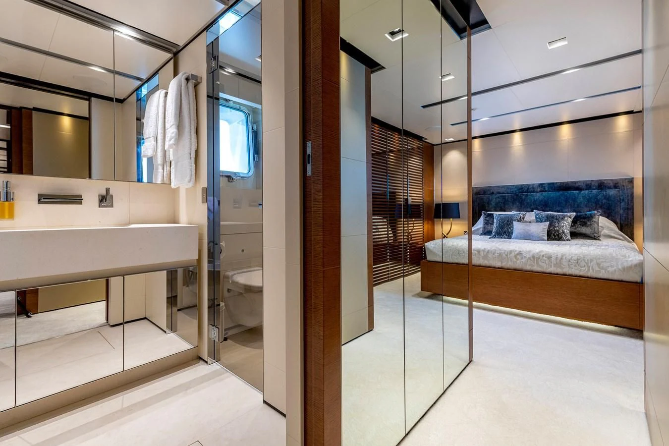 a bathroom with a glass shower aboard MEDIALLY Yacht for Sale