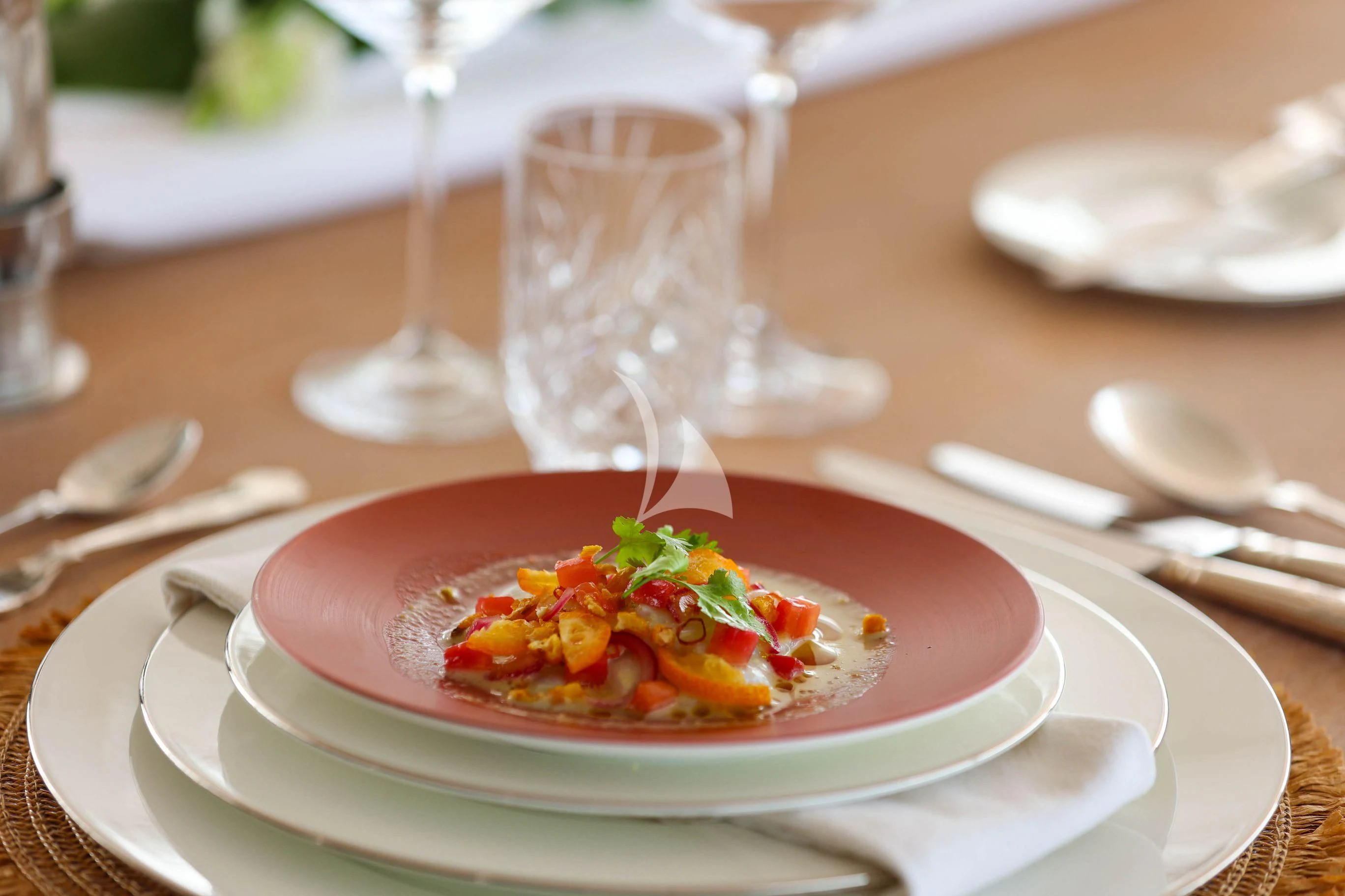 a plate of food aboard MEDIALLY Yacht for Sale