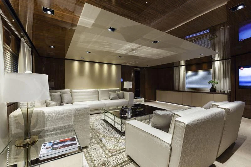 a living room with a large window aboard MEDIALLY Yacht for Sale