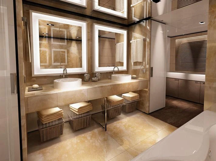 a bathroom with a large countertop aboard MEDIALLY Yacht for Sale