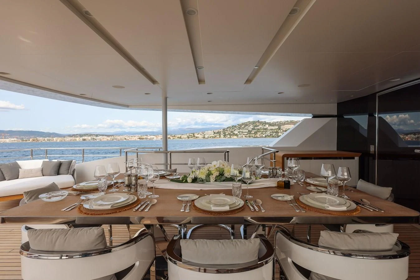 a table set for a dinner aboard MEDIALLY Yacht for Sale