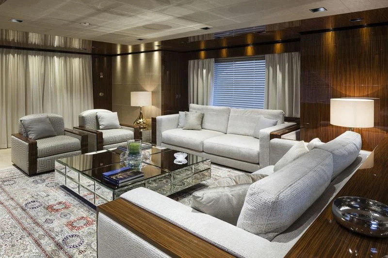 a living room with a large window aboard MEDIALLY Yacht for Sale