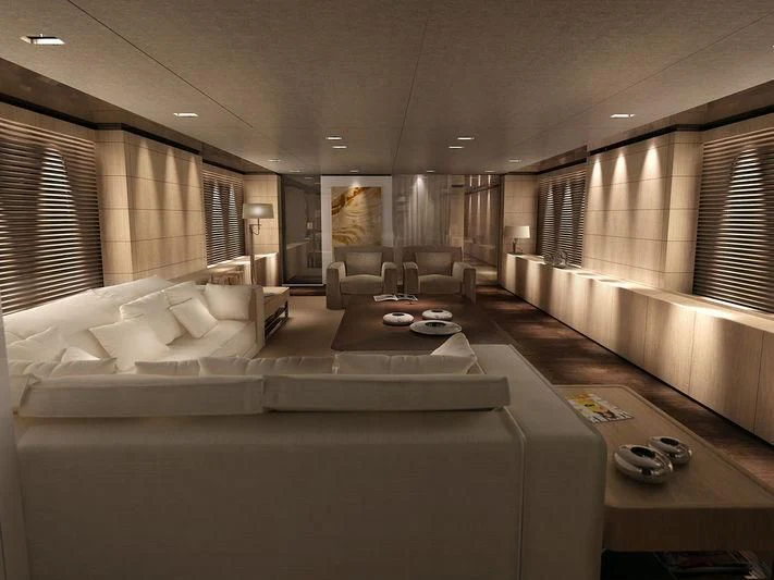 a large room with a bed and a desk aboard MEDIALLY Yacht for Sale