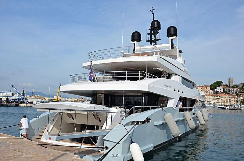a boat docked at a dock aboard MEDIALLY Yacht for Sale
