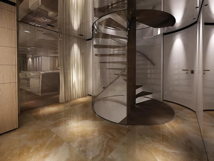 a large metal staircase in a room aboard MEDIALLY Yacht for Sale