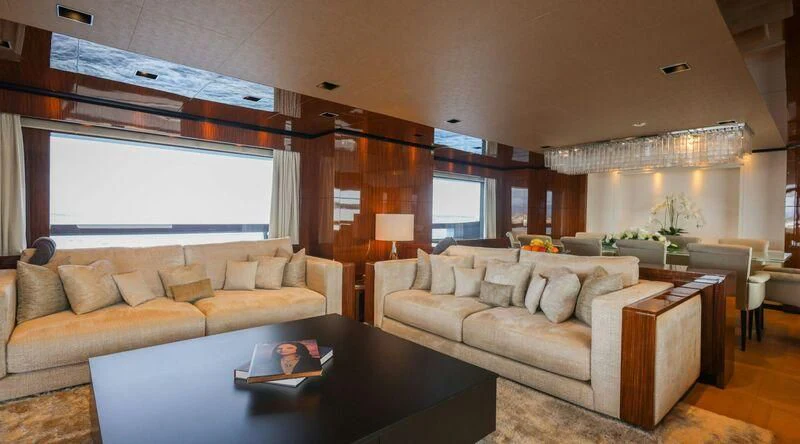 a living room with a large window aboard MEDIALLY Yacht for Sale