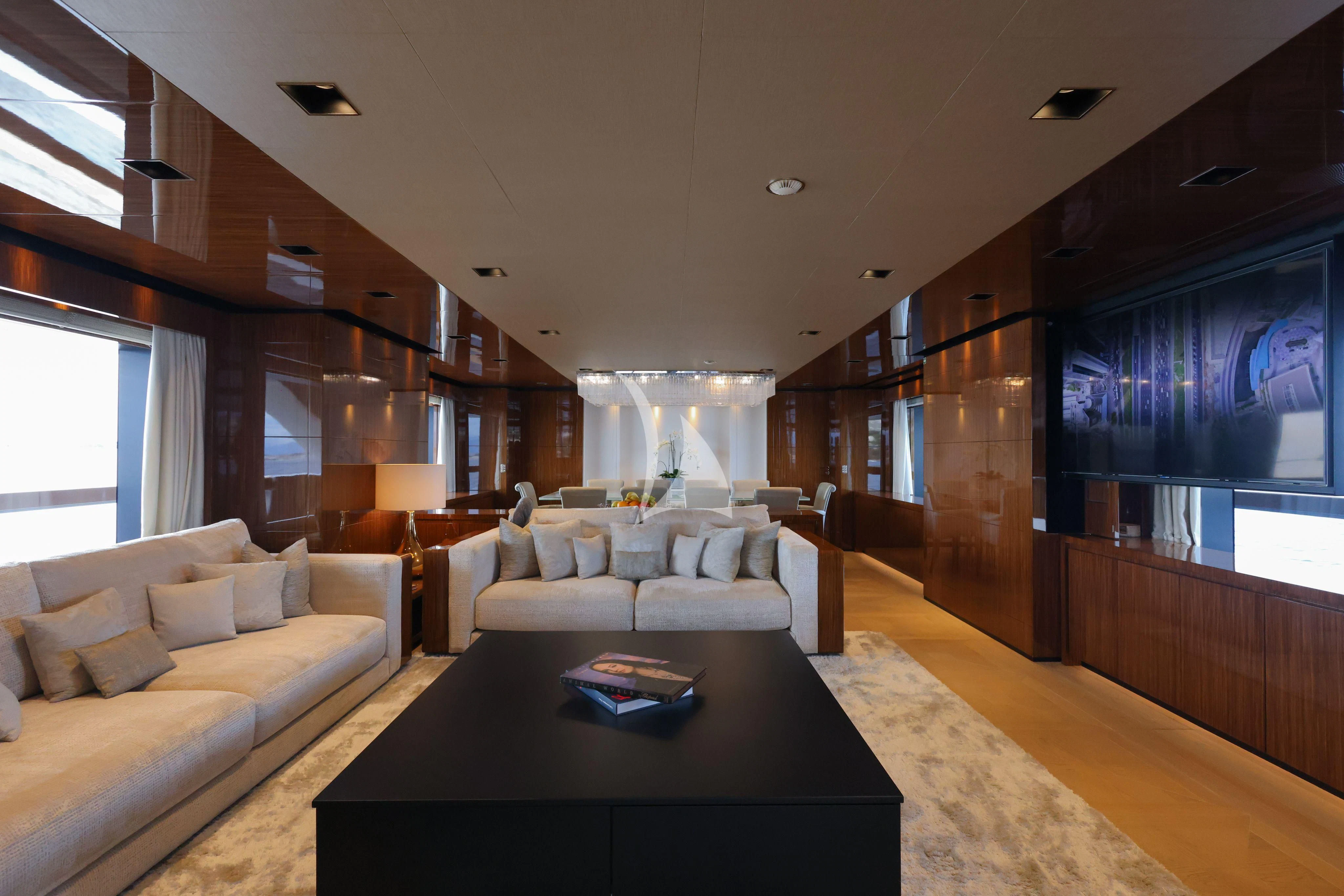 a living room with a large window aboard MEDIALLY Yacht for Sale
