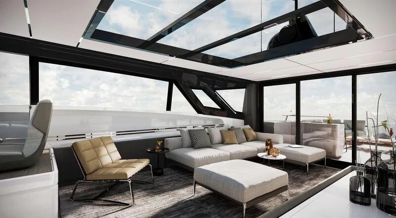 a living room with a large window aboard SPICA Yacht for Sale