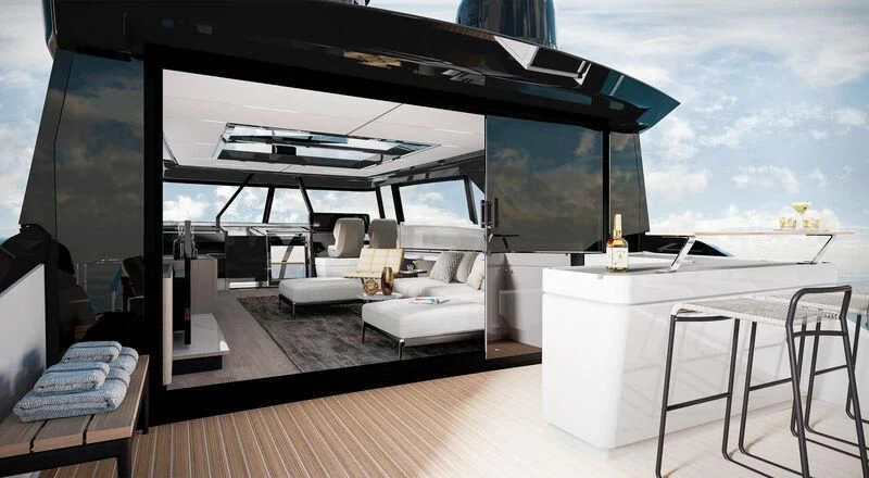 a room with a large glass wall and a large window aboard SPICA Yacht for Sale