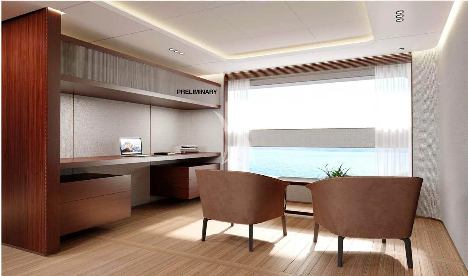 a room with a desk and chairs aboard TOSUN Yacht for Sale