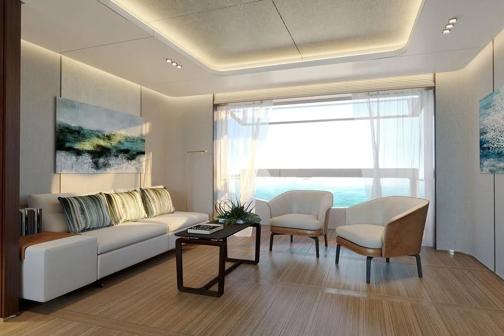 a living room with a large window aboard TOSUN Yacht for Sale