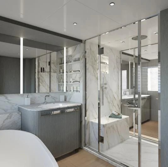 a room with a bed and a mirror aboard TOSUN Yacht for Sale