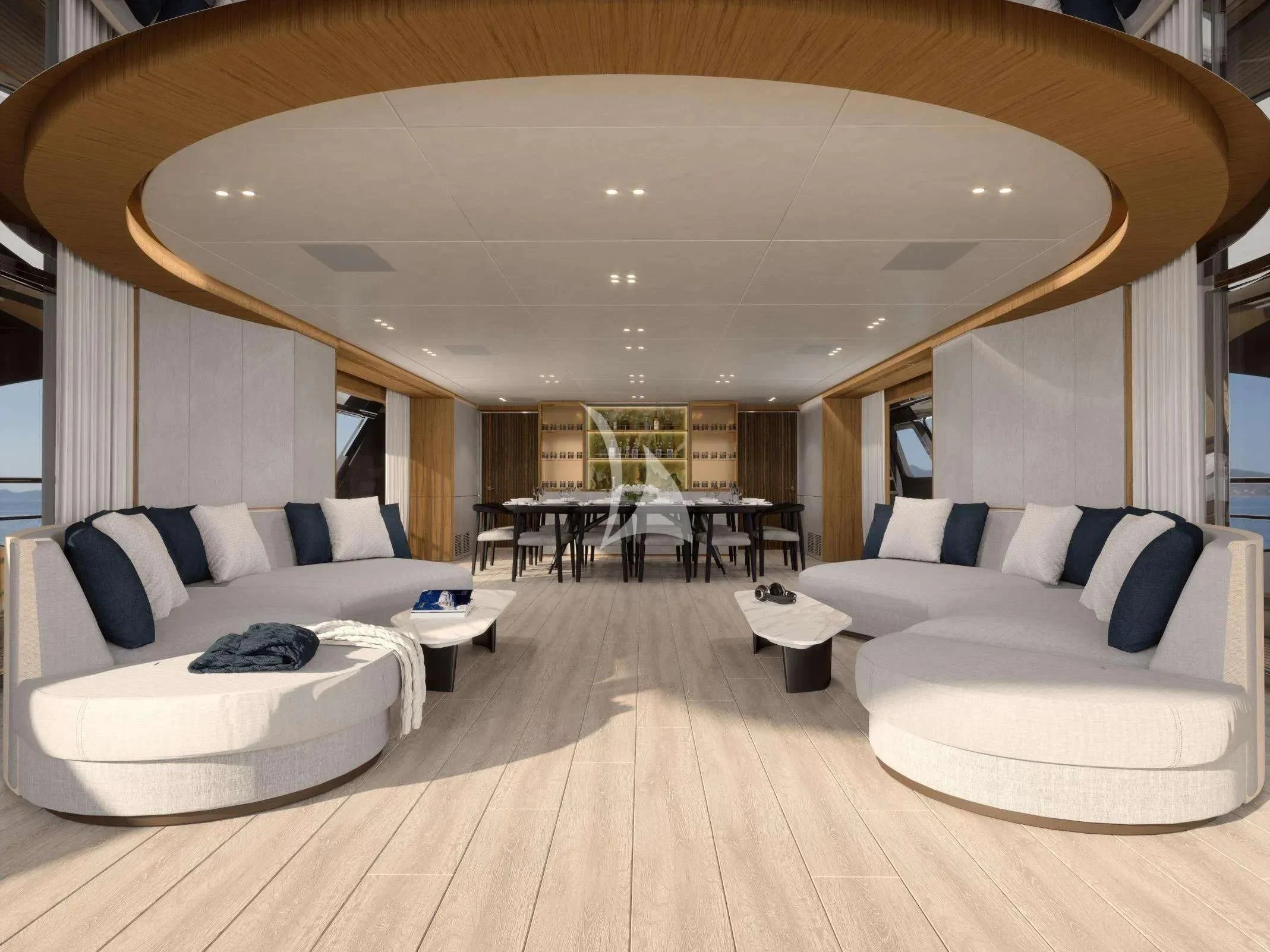 a large living room with a large wood ceiling aboard TOSUN Yacht for Sale