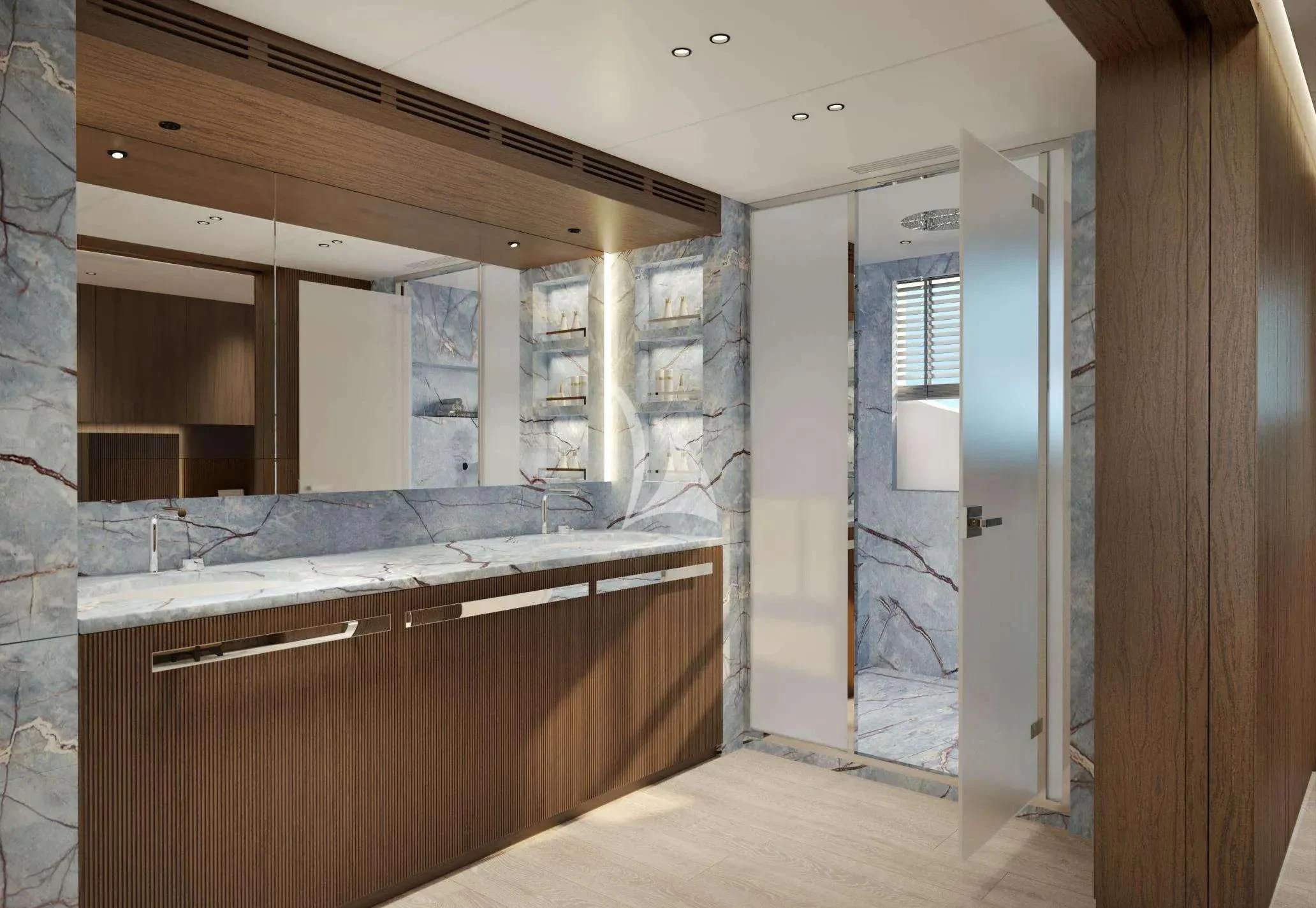 a bathroom with a large mirror aboard TOSUN Yacht for Sale