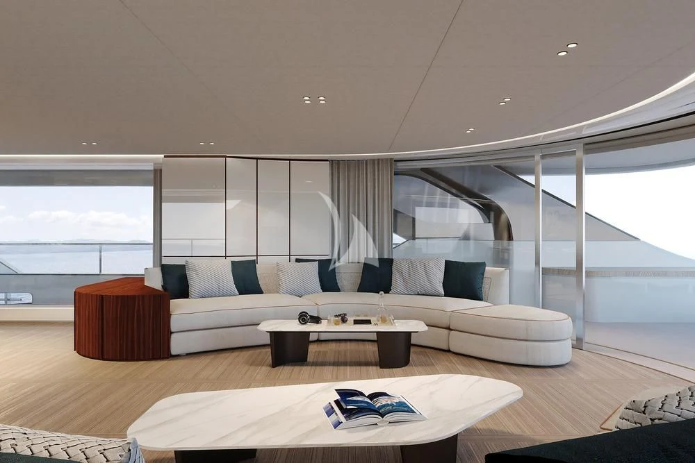 a living room with a large window aboard TOSUN Yacht for Sale