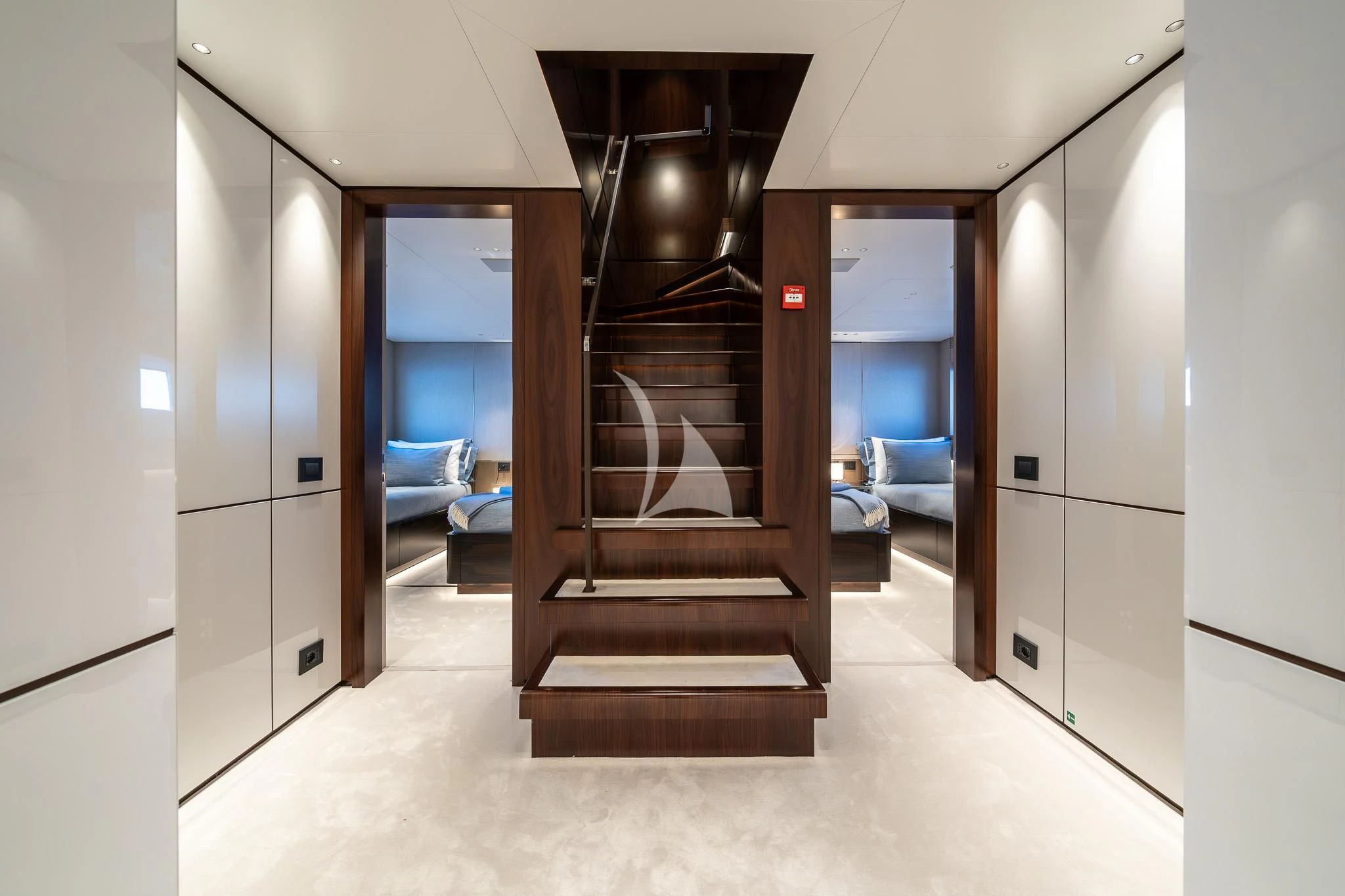a hallway with a glass door aboard TOSUN Yacht for Sale