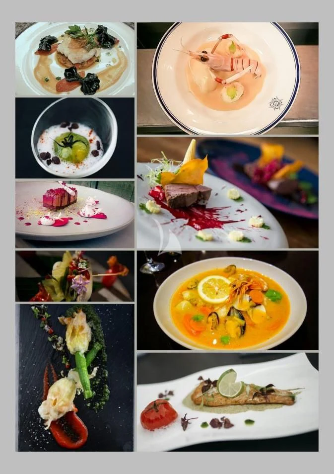 a collage of food aboard TOSUN Yacht for Sale