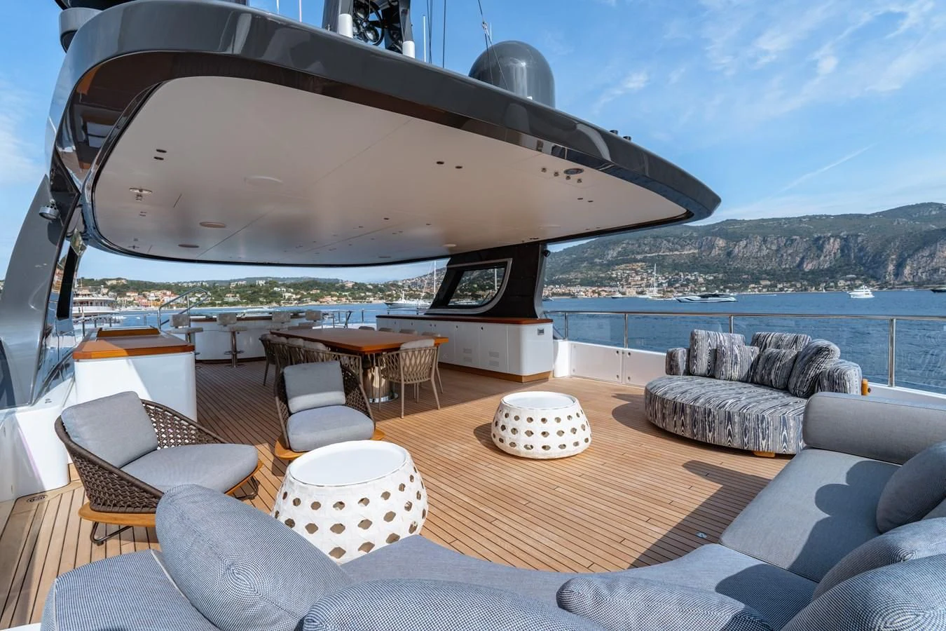 a living room with a large patio aboard TOSUN Yacht for Sale