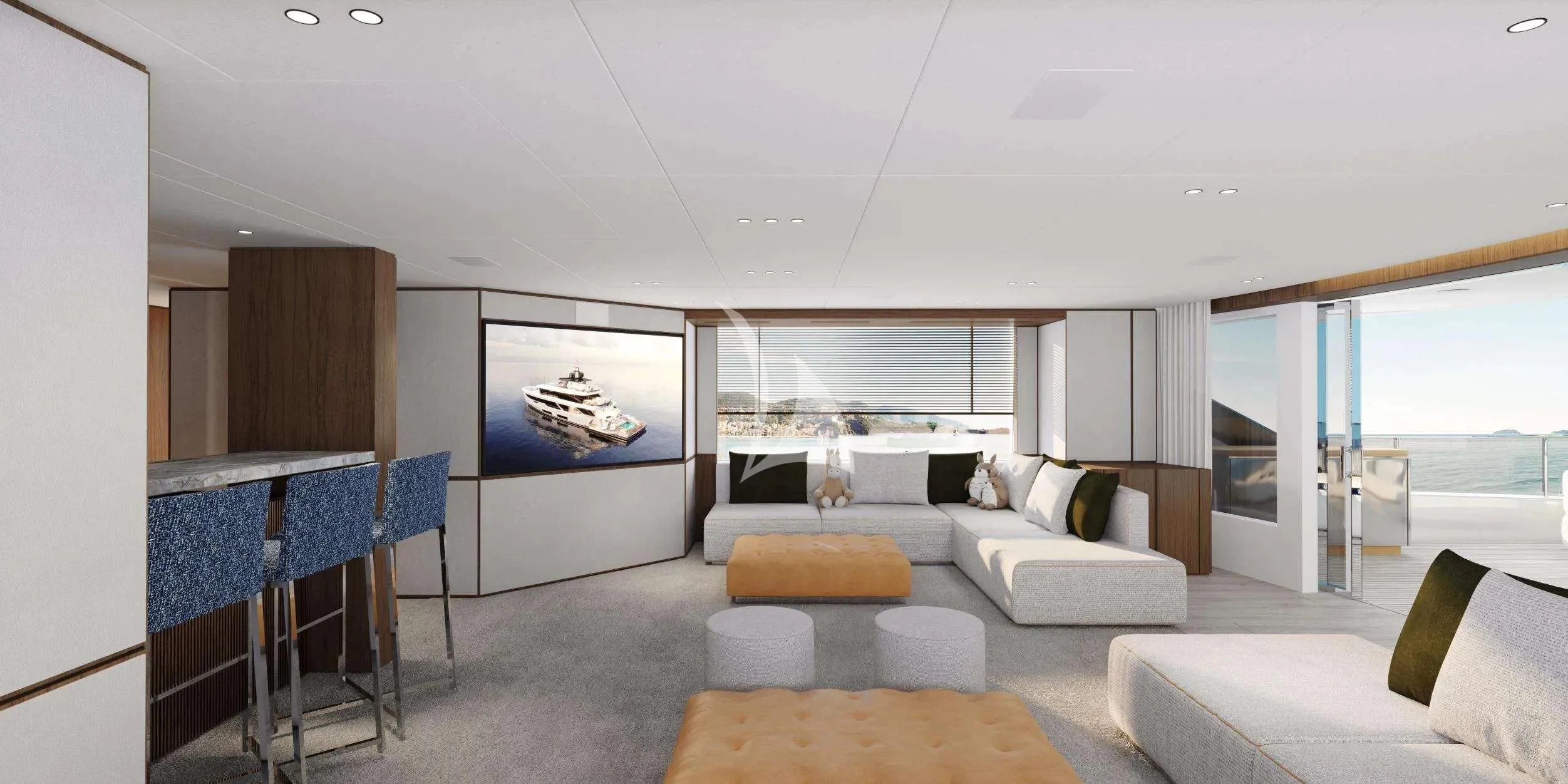 a living room with a blue table and white couches aboard TOSUN Yacht for Sale