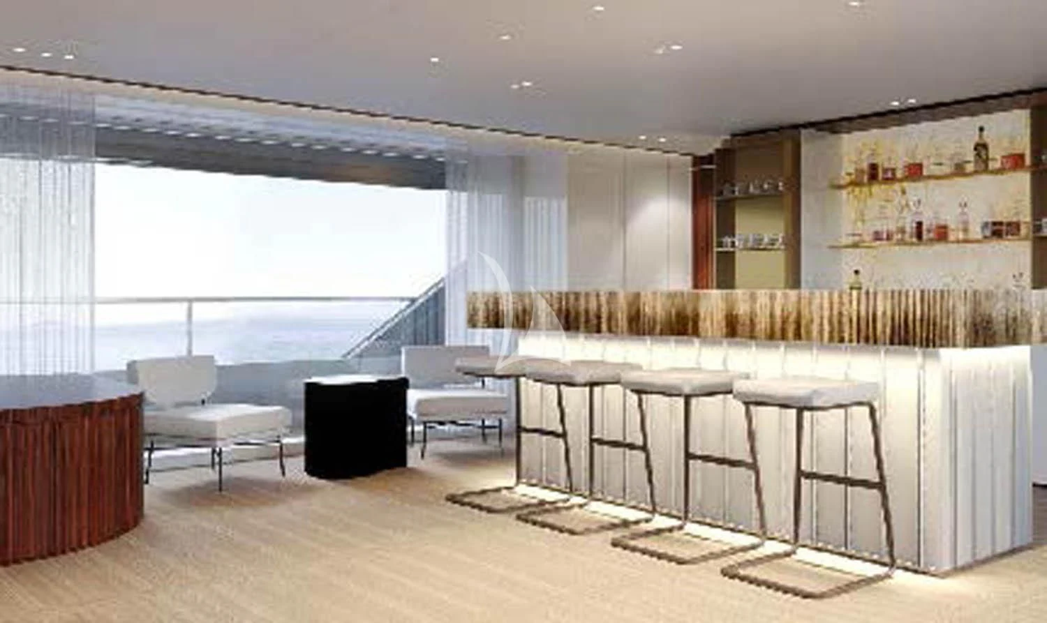 a room with a table chairs and a window aboard TOSUN Yacht for Sale