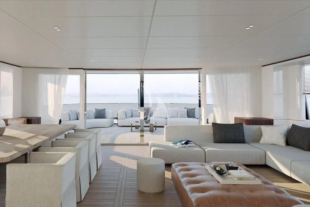 a living room with a large window aboard TOSUN Yacht for Sale