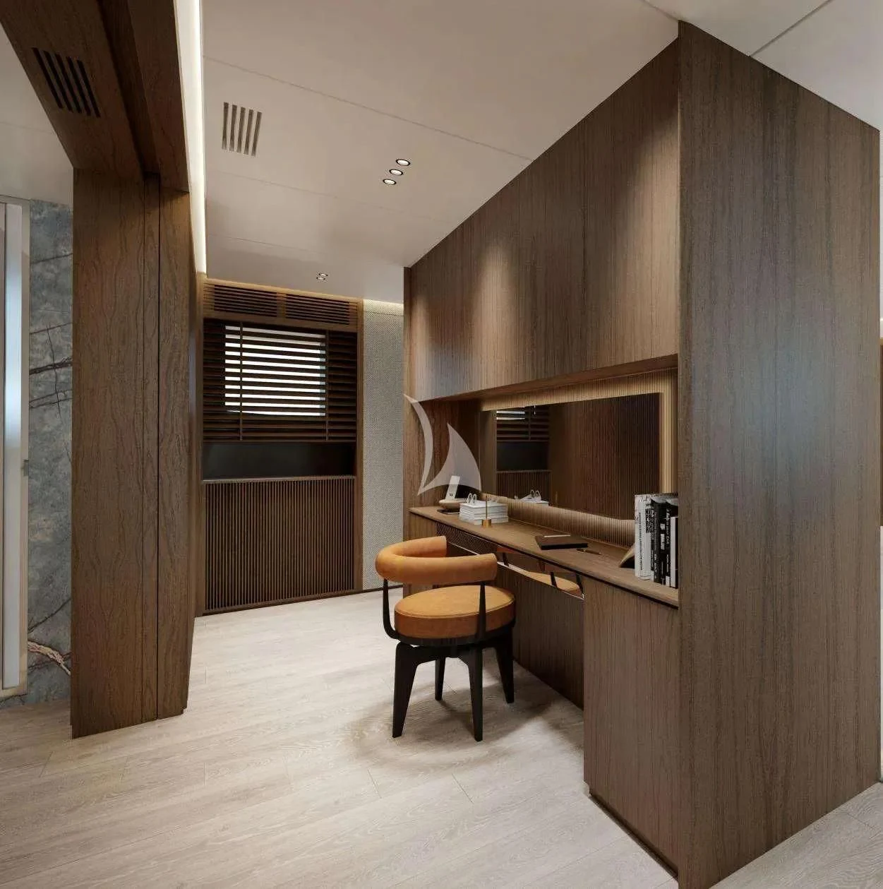 a room with a desk and a chair aboard TOSUN Yacht for Sale