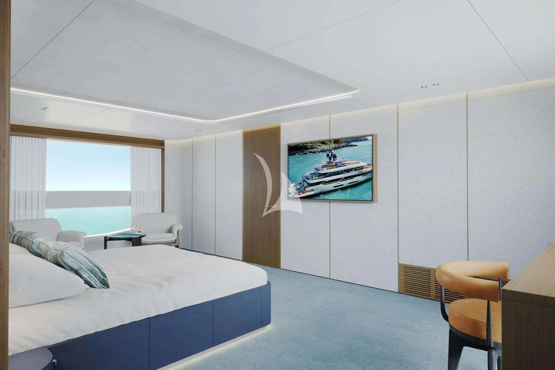 a room with a bed and a chair aboard TOSUN Yacht for Sale