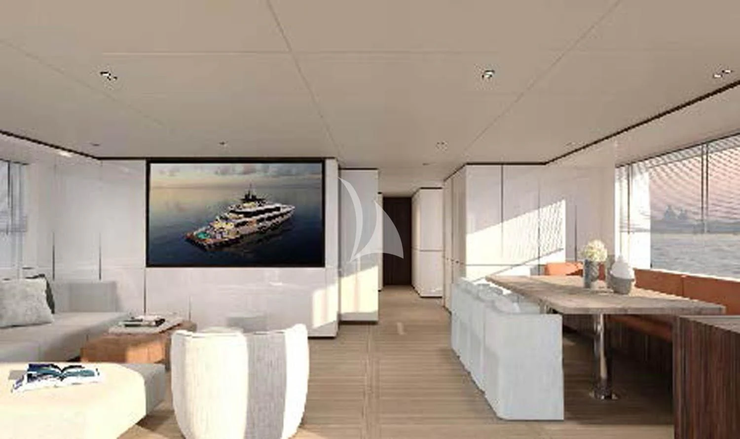 a room with a large screen aboard TOSUN Yacht for Sale